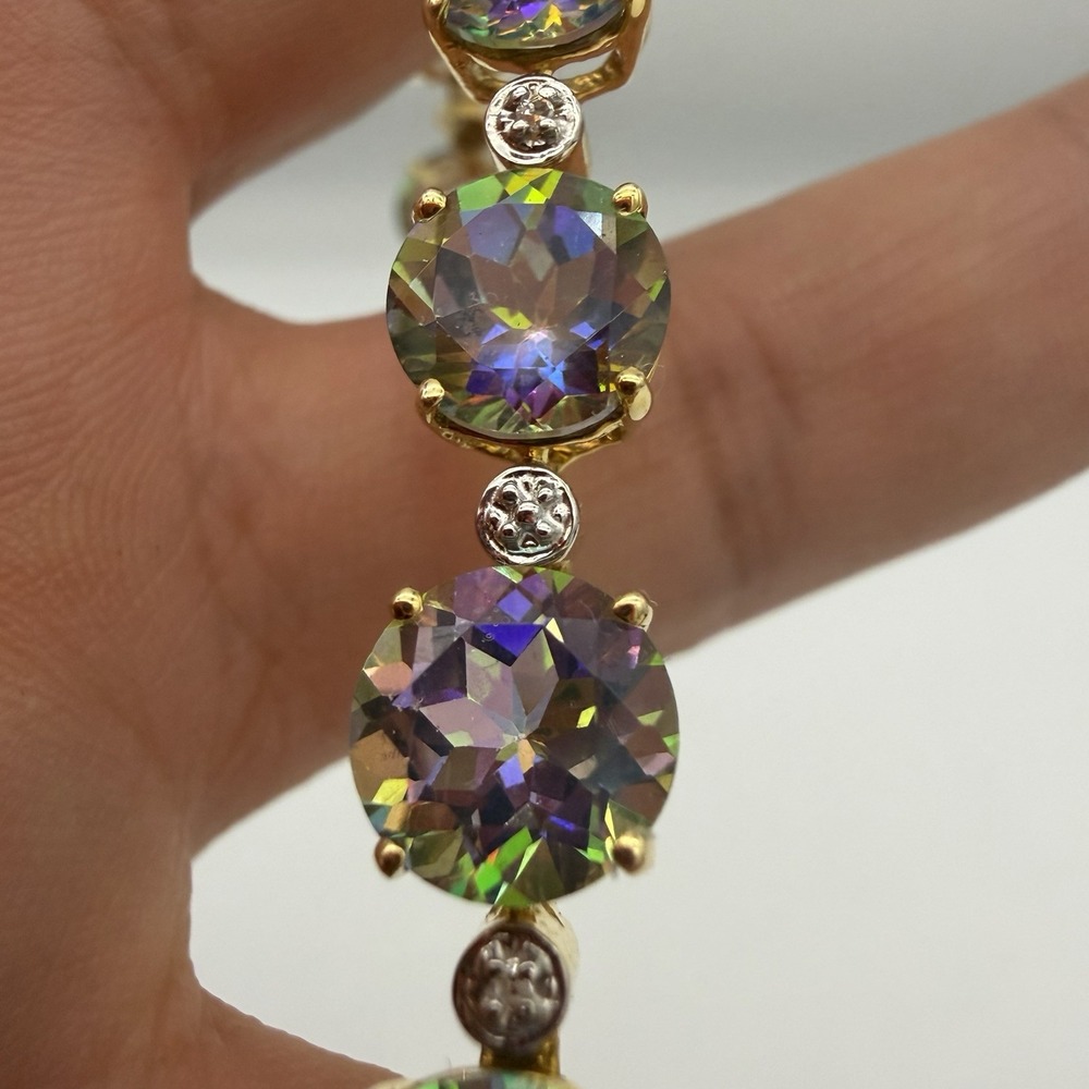 Vtg 14k Yellow Mystic Topaz Tennis Bracelet 17 Gr 8mm Stones 7.5" Estate